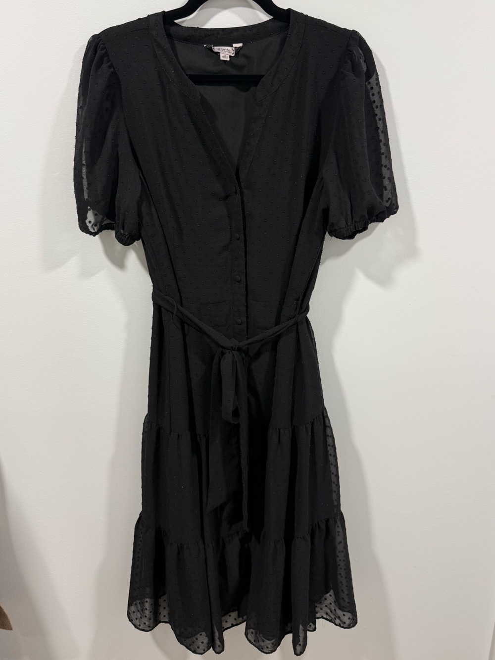 Nanette Lepore Size 14 Black Puff-Sleeve Tiered Midi Dress with Tie Waist
